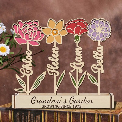 Personalised Wood Birth Flower Garden Grandma's Garden Wood Sign with Kids Names Christmas Gift for Grandma Mum