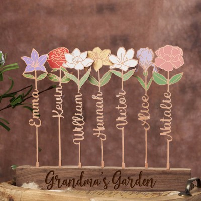 Grandma's Garden Gifts Personalised Wood Birth Flower Garden with Kids Names for Grandma Mum Family Christmas Gift