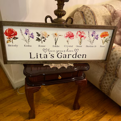 Personalised Birth Month Flower Wood Frame Sign with Kids Names Keepsake Gifts for Mum Grandma Mother's Day Gift Ideas