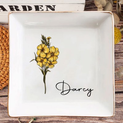 Custom Birth Flower Jewelry Dish with Name for Her Gifts for Friend Wedding Bridesmaid Gift Christmas Gift for Mum