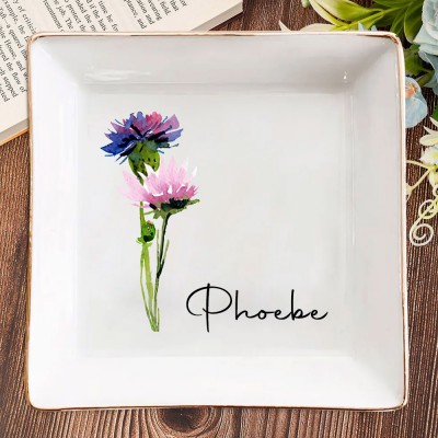 Personalised Birth Flower Jewelry Dish with Name Birthday Gift for Her Wedding Bridesmaid Gift Christmas Gifts for Mum Friend