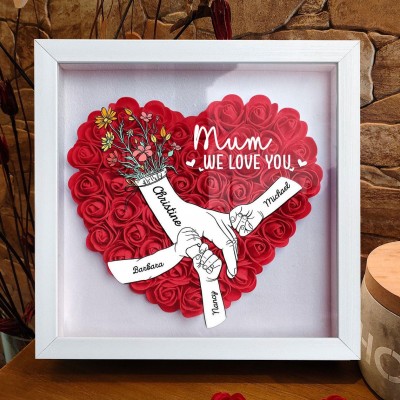 Personalised Mummy We Love You Holding Hands Heart Flower Shadow Box with Kids Names for Mum New Mum Gifts Mother's Day Gift
