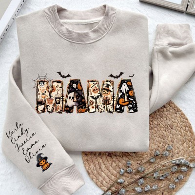 Personalised Halloween Mama Sweatshirt with Kids Names on Sleeve Gifts for Mum Halloween Gift