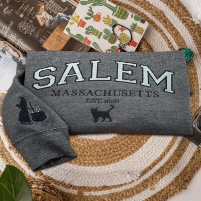 Salem Massachusetts Embroidered Sweatshirt Spooky Season Crewneck Halloween Gift Ideas