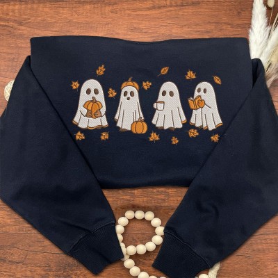 Embroidered Spooky Fall Sweatshirt Halloween Ghost And Pumpkin Sweatshirt Unique Halloween Gifts