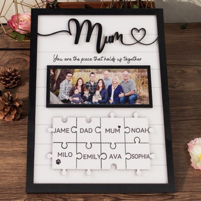 Personalised Family Photo Wooden Puzzle Pieces Sign Frame With Kids Names Unique Gift For Mum Grandma Mother's Day Gift