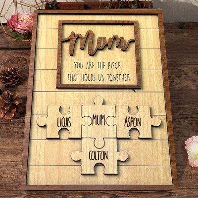 Personalised Mum Wooden Sign With Kids Names Custom Family Puzzle Pieces Sign Unique Gift For Mum Grandma Perfect Mother's Day Gifts