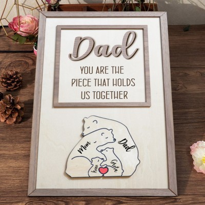 Custom Dad Sign Wooden Hug Bear Puzzle Pieces Frame Sign With Kids Names Personalised Family Gift For Dad Grandpa Unique Father's Day Gift Ideas