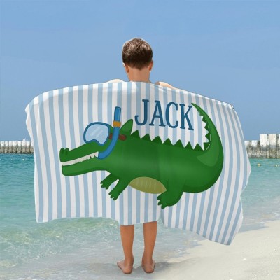 Personalised Cute Diving Alligator Striped Beach Towel with Name for Kids Summer Gift for Boys Girls