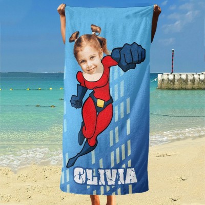Personalised Girls Face Superhero Beach Towel with Photo and Name Gift for Girls Summer Gifts for Kids
