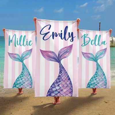 Personalised Mermaid Beach Towel with Name for Girls Summer Party Birthday Gift for Kids