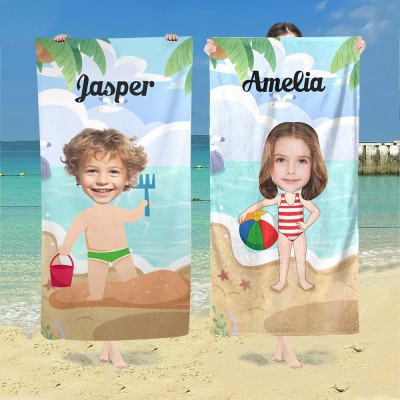 Personalised Beach Towel with Kid Face and Name Custom Summer Party Gift for Boys Girls Birthday Gift for Kids