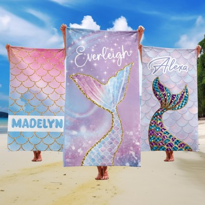 Personalised Mermaid Beach Towel with Name Custom Beach Towel for Kids Summer Gift for Girls