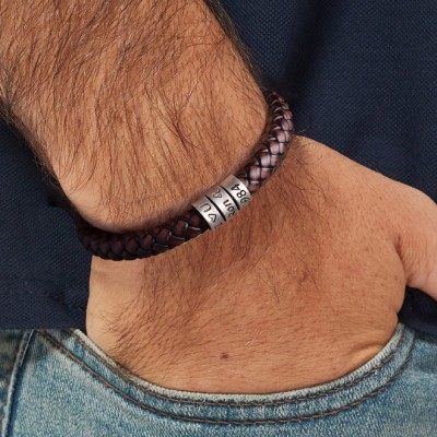 Personalised Mens Beaded Leather Bracelet with Kids Names for Him Gift for Dad Father's day Gift