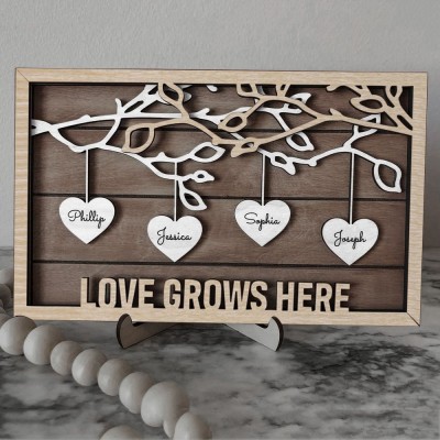 Personalised Family Tree Wood Sign with Kids Names for Mum Grandma Love Grows Here Sign Family Christmas Gifts