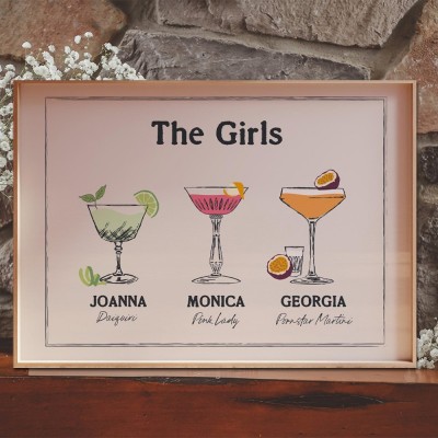 Personalised Roommates Drinks Art Print Frame with Names College Apartment Dorm Art Unique Gifts for Friends