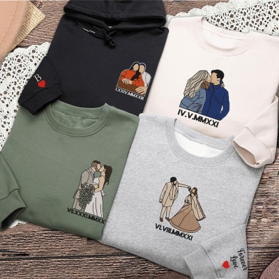 Custom Couple Embroidered Matching Sweatshirt with Portrait and Roman Numeral Anniversary Gifts Valentine's Day Gift for Her