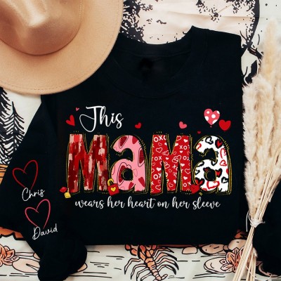This Mama Wears Her Heart on Her Sleeve Sweatshirt with Kids Names on Sleeve Custom Gifts for Mum Mother's Day Gift Ideas