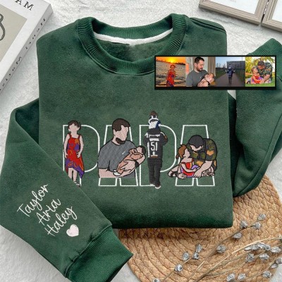 Custom Papa Embroidered Photo Portrait Sweatshirt with Kids Names on Sleeve Gifts for Dad Papa Father's Day Gift