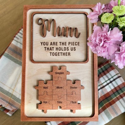 Custom Wood Mum Frame Sign Personalised Family Puzzle Pieces Sign With Kids Names Unique Gift For Mum Grandma Mother's Day Gift Ideas