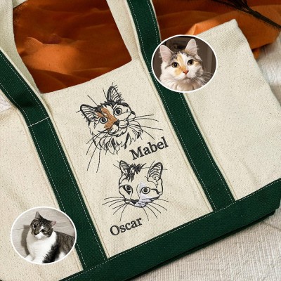 Custom Tote Bag with Embroidered Pet Face and Name for Pet Lovers Unique Gifts for Cat Lover