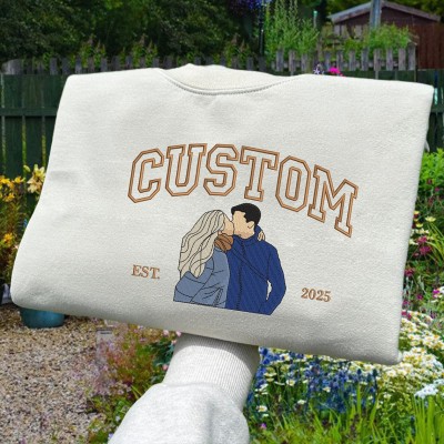Custom Couple Matching Sweatshirt with Embroidered Photo Portrait Gifts for Anniversary Valentine's Day Unique Couple Gifts