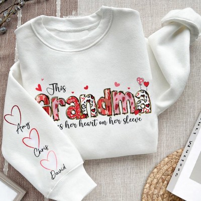 This Grandma Wears Her Heart on Her Sleeve Sweatshirt with Grandkids Names on Sleeve Custom Grandma Gifts Mother's Day Gift