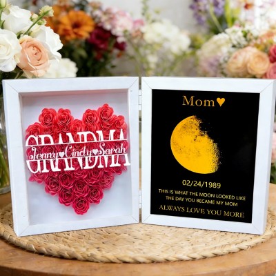 Custom Grandma Flower Shadow Box with Moon Phase Print Frame Gift Ideas for Grandma Mum Mother's Day Gifts