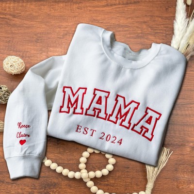 Custom Embroidered Mama Sweatshirt with Kids Names on Sleeve Gifts for Mum New Mum Gift Mother's Day Gift