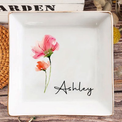 Personalised Birth Flower Jewelry Dish with Name Unique Gifts for Friend Wedding Bridesmaid Gift for Her Christmas Gift for Mum