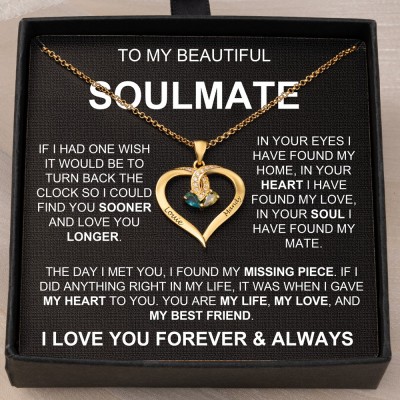 To My Soulmate Custom Heart Shaped Necklace with 2 Names and Birthstones Gift Ideas For Valentine's Day Anniversary