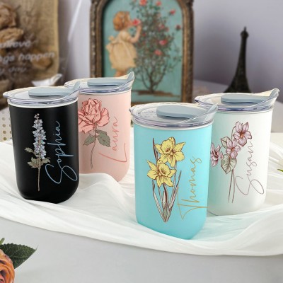 Custom Birth Flower Tumbler with Lid Bridesmaid Proposal Gift Wedding Gifts for Her Christmas Gift Ideas Unique Gift For Mum Grandma