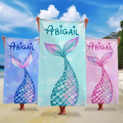 Custom Cartoon Mermaid Tail Beach Towel with Name Summer Vacation Gift for Girls Birthday Gift for Kids