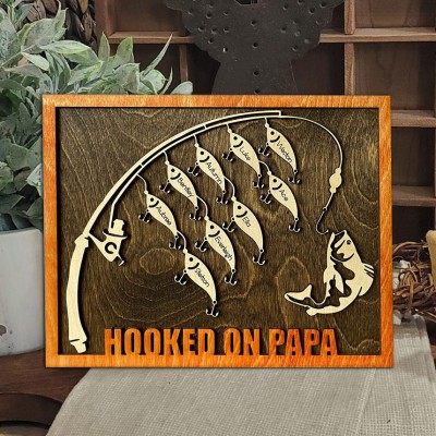 Personalised Fish Hooked on Papa Wooden Frame Sign With Kids Names Father's Day Gift Ideas Unique Gift For Dad