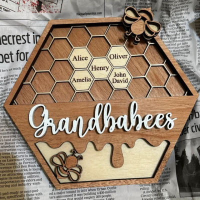Personalised Grandbabees Bee Hive Family Tree Wood Sign with Grandkids Names for Anniversary Christmas Gifts