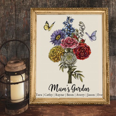 Personalised Mum's Garden Birth Flower Frame with Kids Names Unique Gift for Mum Christmas Gift for Grandma
