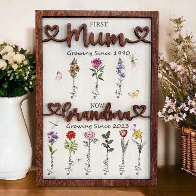 Personalised First Mum Now Grandma Birth Month Flower Wooden Sign Keepsake Gifts for Mum Grandma Mother's Day Gift Ideas