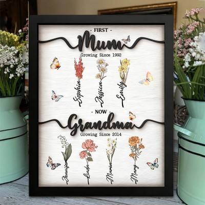 Custom First Mum Now Grandma Birth Month Flower Wooden Sign with Kids Names Gifts for Mum Grandma Mother's Day Gift