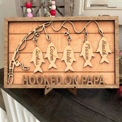 Personalised Hooked On Papa Wood Frame Sign With Kids Names Unique Father's Day Gift