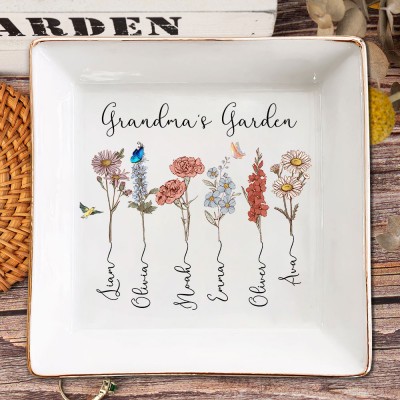 Custom Grandma's Garden Birth Flower Jewellery Dish with Grandkids Names Christmas Gift For Mum Grandma