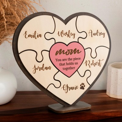 Personalised Heart Shaped Wooden Mum Puzzle Sign with Kids Names Keepsake Gifts for Mum Mother's Day Gift Ideas