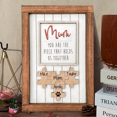 Personalised Mum You Are The Piece That Hold Us Together Wooden Engraved Puzzle Sign with Kids Names for Mum Mother's Day Gift