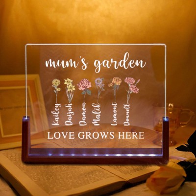 Mum's Garden Love Grows Here Birth Month Flower Wood Night Light Personalised Gift Ideas for Mum Grandma Mother's Day Gifts