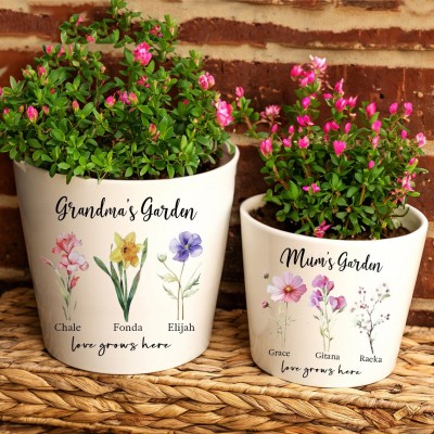 Personalised Grandma's Garden Birth Flower Plant Pot with Grandkids Names Gifts for Grandma Mum Mother's Day Gift