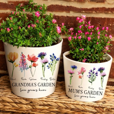 Custom Grandma's Garden Birth Flower Plant Pot with Grandkids Names Keepsake Gift for Grandma Mum Mother's Day Gifts