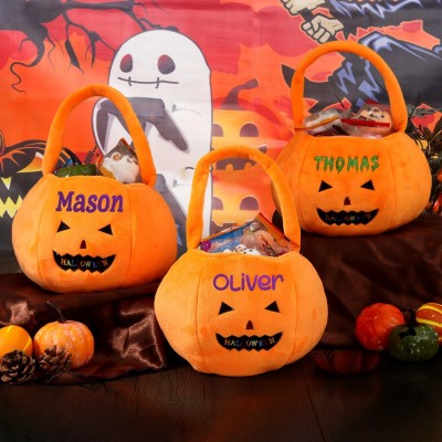 Personalised Halloween Pumpkin Bucket with Embroidered Name Trick or Treat Bag Halloween Gift for Kids