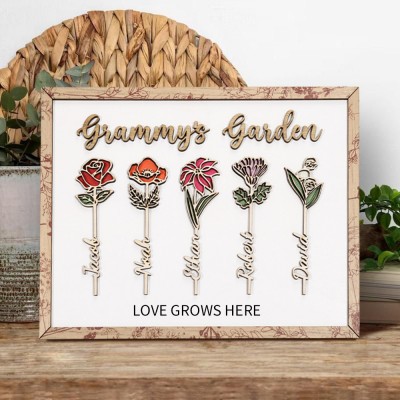 Custom Grammy's Garden Love Grows Here Birth Flower Frame Wood Sign Unique Gift For Mum Grandma Mother's Day Gift