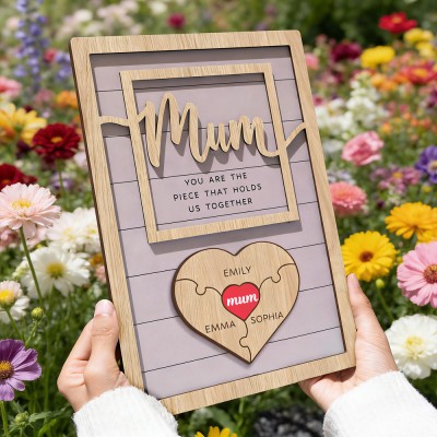 Personalised Family Puzzle Piece Sign With Kids Names Custom Wooden Mum Plaque Meaningful Mother's Day Gift For Mum Grandma