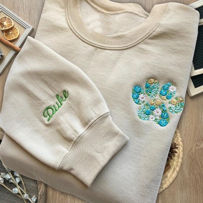 Custom Art Floral Embroidered Pet Paw Sweatshirt Hoodie Unique Memorial Gifts For Pet Lover Christmas Gift Ideas
