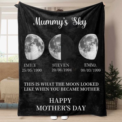 Personalised Mummy's Sky Moon Phase Blanket With Kids Names Keepsake Gift For Mum Mother's Day Gift Ideas